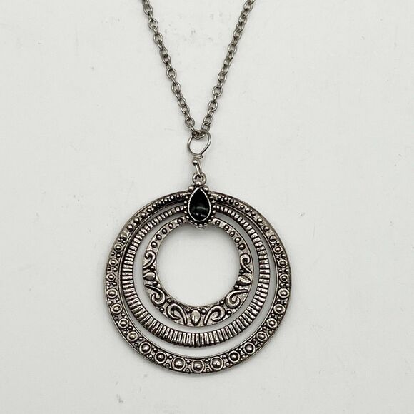 Vintage Ornate Silver Tone 3 Graduated Circle Hoop Drop Pendant Necklace 18” - Picture 1 of 6